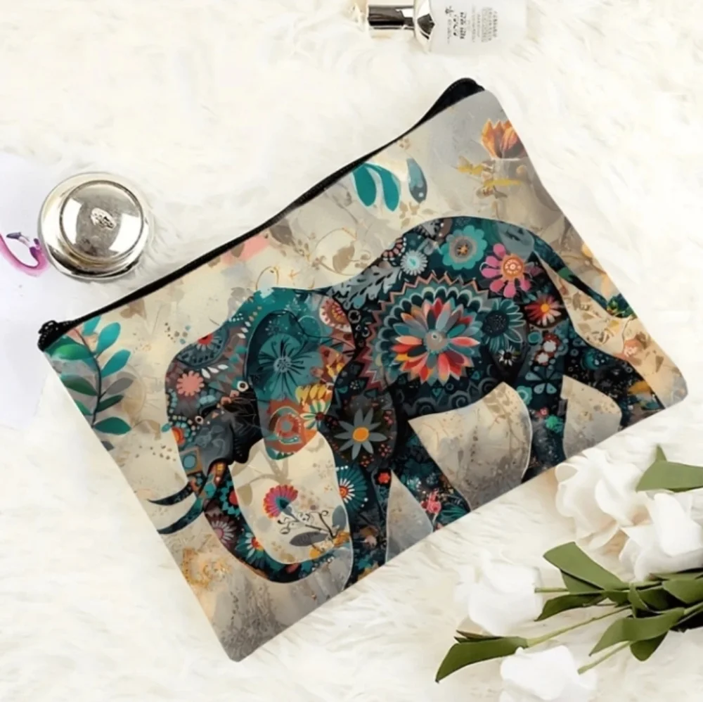 Boho Floral Elephant Print Clutch Zipper Purse Pouch